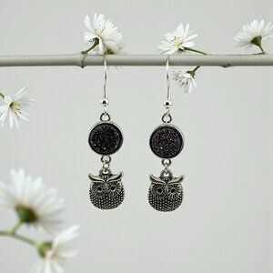 Peacock Druzy Owl Earrings 925 Sterling Silver Hooks